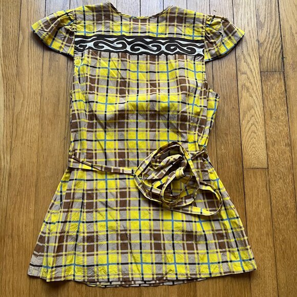 Plenty By Tracy Reese Size 4 Yellow Brown Plaid Silk Blend Cap Sleeve Blouse Top - Picture 11 of 13